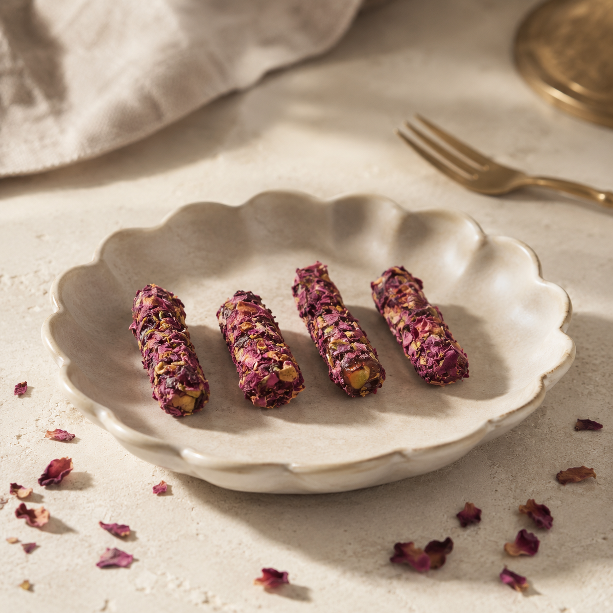 Mini Roll Rose geserveerd met rozenblaadjes