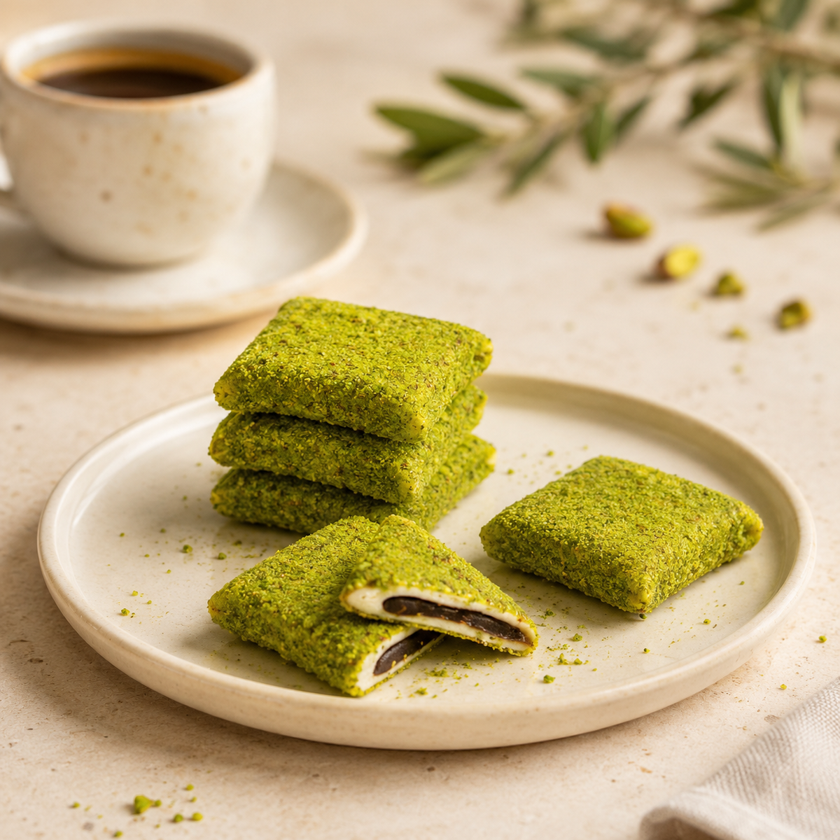 Pistachio Chocolate Cushions geserveerd met koffie